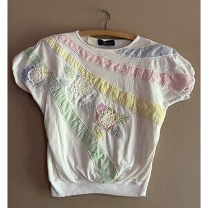 Vintage 20 ANS by Mariea Kim Embroidered Patchwork Woman's Short Sleeve Top Sz M